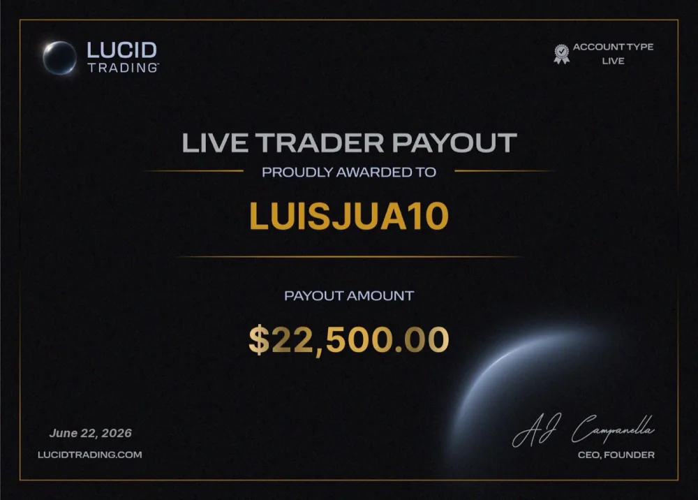 Lucid Trading live trader payout certificate · $22,500, June 22 2026